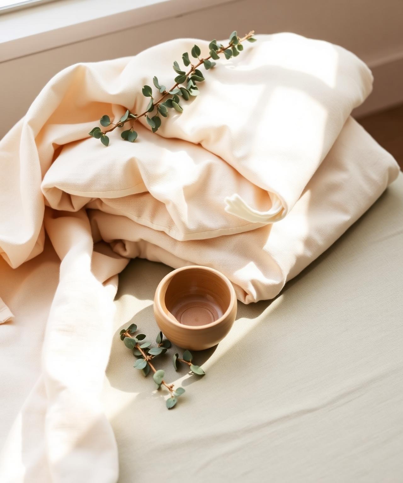 Soft cream linens with eucalyptus and ceramic bowl, evoking calm postpartum care