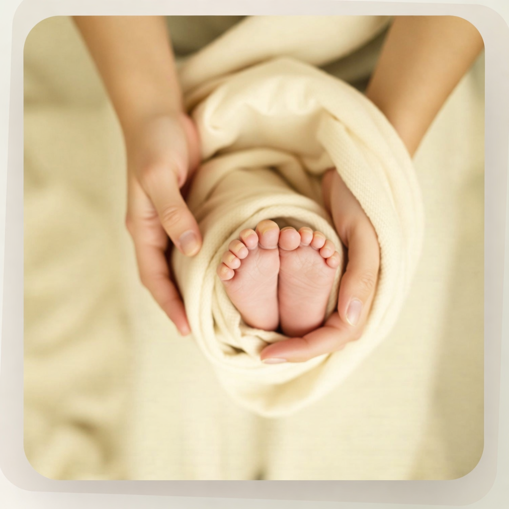 Mother's hands cradling newborn baby's tiny feet wrapped in cream blanket